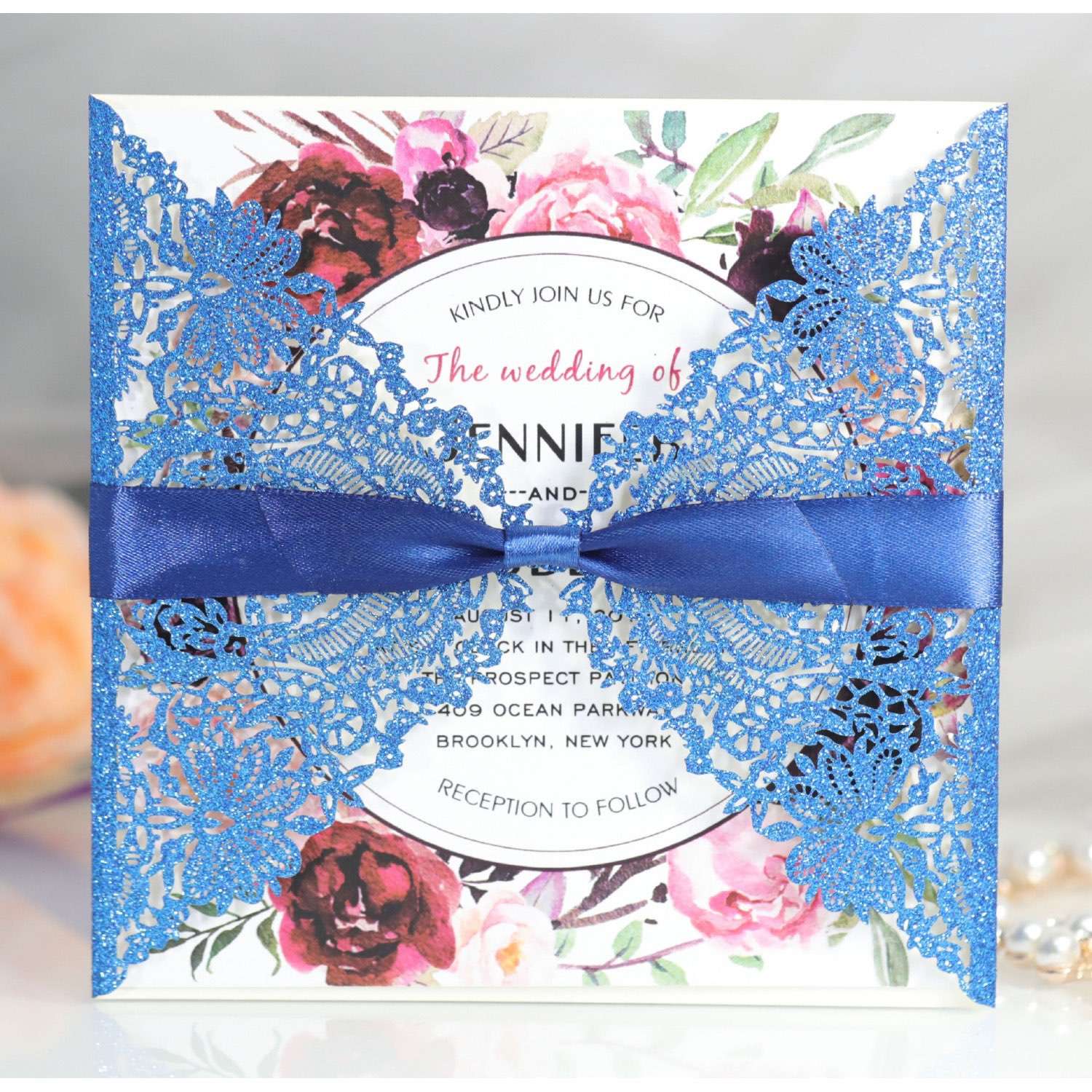 Invitation Card With Ribbon Bow Wedding Invitation Card Laser Cut Glitter Paper